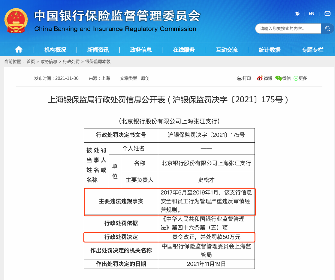 北京银行被罚40万：发生重要信息系统突发事件未向监管部门报告